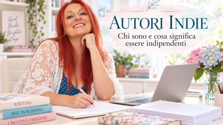 Autrice indipendente al lavoro alla scrivania per un articolo dedicato agli autori indie