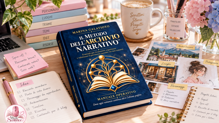 Archivio Narrativo: manoscritto, schede dei personaggi e materiali creativi organizzati su una scrivania